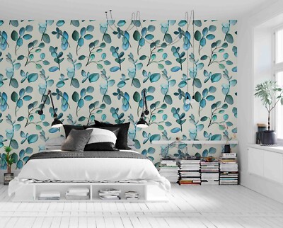 3D Watercolor Branch Blue Leaf Self-adhesive Removable Wallpaper Murals 2