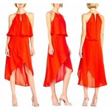 Adrianna Papell Red Halter Neck Tiered High Low Midi Dress Chain Neckline Sz 14