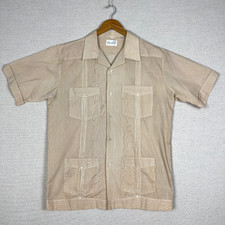 Guayabera Button Up Mens XL Tan Pinstripe Short Sleeve Retro Resort Cabana Camp