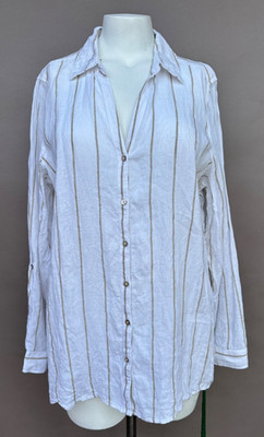 Sigrid Olsen 100% Linen Striped Tunic Top Women XL White Tan Roll Tab Coastal