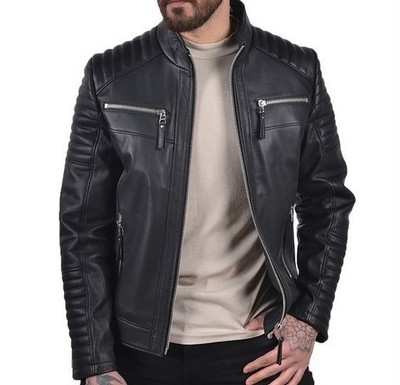 Men's Black Real Sheep Leather Cafe Racer Biker Jacket
