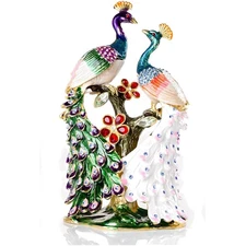 Luxury Enamel Hinged Jewelry Box with Hand-Painted Peacocks - Unique Art Piece