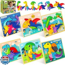 TOY Life Wooden Puzzles for Toddlers 2-4, 6 Pack Dinosaurs Puzzle