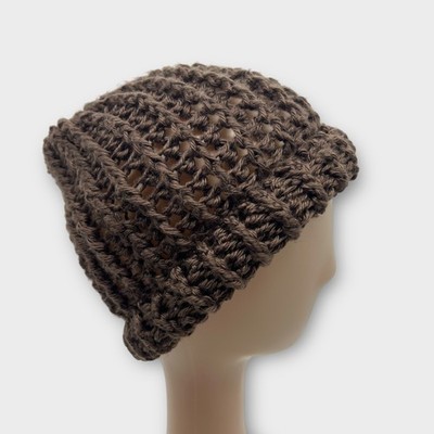 Chunky Knit Open Weave Dark Brown Beanie Knit Hat Outdoors Unisex XS