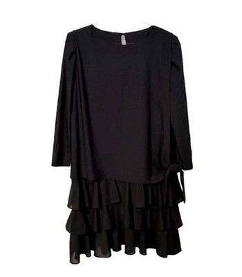 T Fe Vtg. Stunning Black Three Tiered Side Tie Long Sheer Sleeve Dress Sz 16