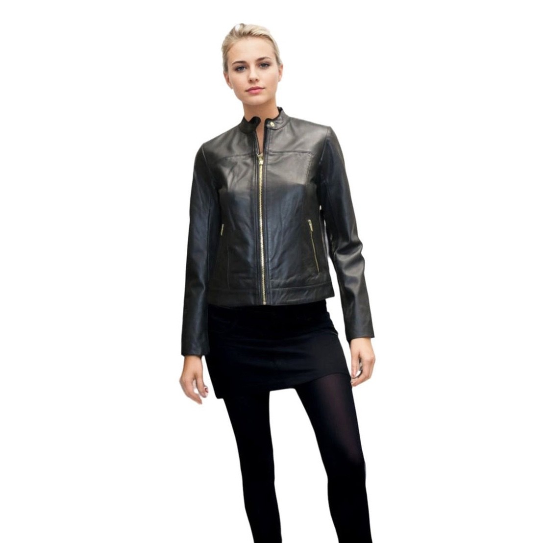 COLE HAAN ブラックレザージャケットXS COLE HAAN WOMEN'S GENUINE LEATHER JACKET, RACER DESIGN NWT Black