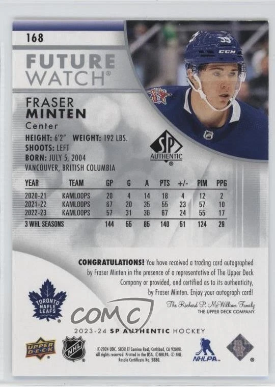 2023-24 SP Authentic Auto Future Watch /999 Fraser Minten #168 Rookie Auto RC - Image 2 of 2