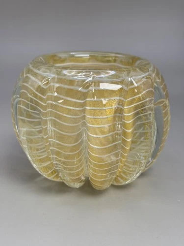 Vintage Murano Barovier & Toso Gold w/White Stripes Ribbed  Vase Bowl Italy