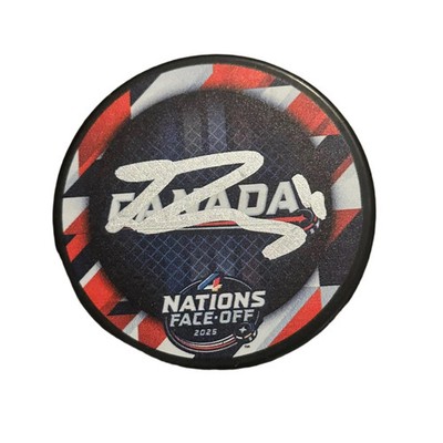 Travis Konecny Team Canada Autographed 4 Nations Logo Puck
