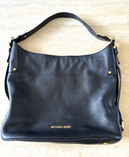 Michael Kors Black Pebbled Leather Shoulder Bag Gold Hardware Logo Hobo