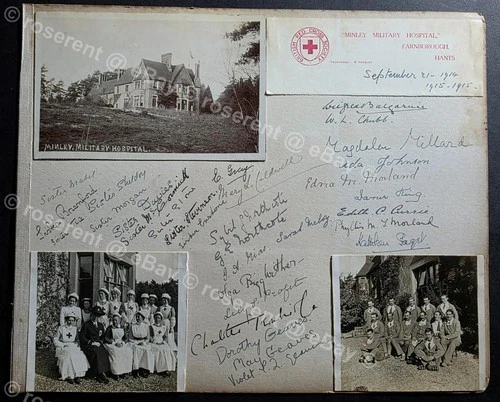 WW1 Minley Military Hospital signed by 30 Nurses & Real photo postcard & photos
