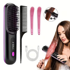 Portable Wireless Hair Straightener Comb USB Rechargeable Heated Brush LED Displ