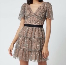Self Portrait Grey Leaf Sequin Mini Dress Sz. 2 Cocktail Prom Party Sparkle 500