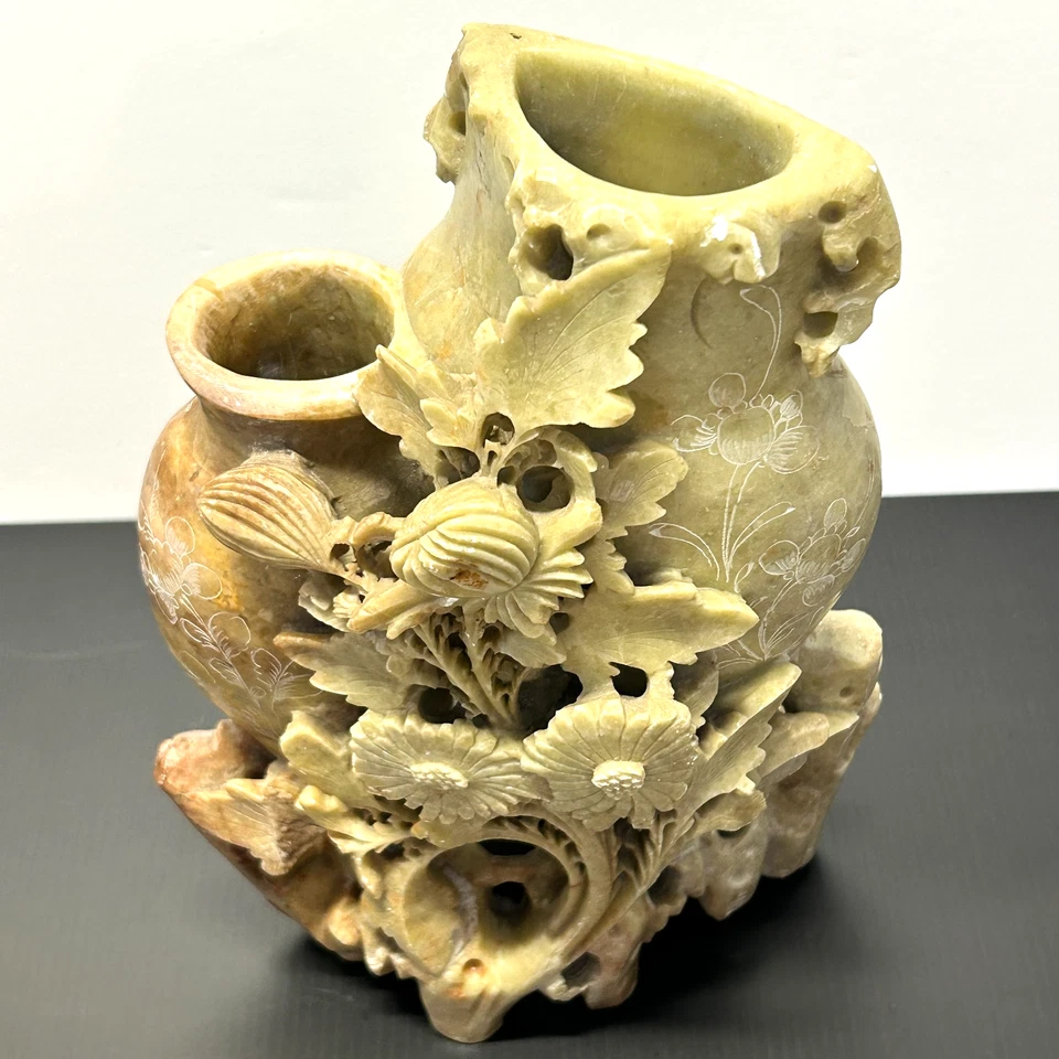 Jarrón doble florero chino vintage tallado a mano escultura Foto 2 de 4