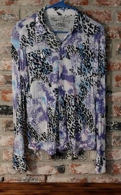 Women's Cowgirl Tuff Co Y2K Metallic Tie Dye Leopard Print Western Snap Shirt L