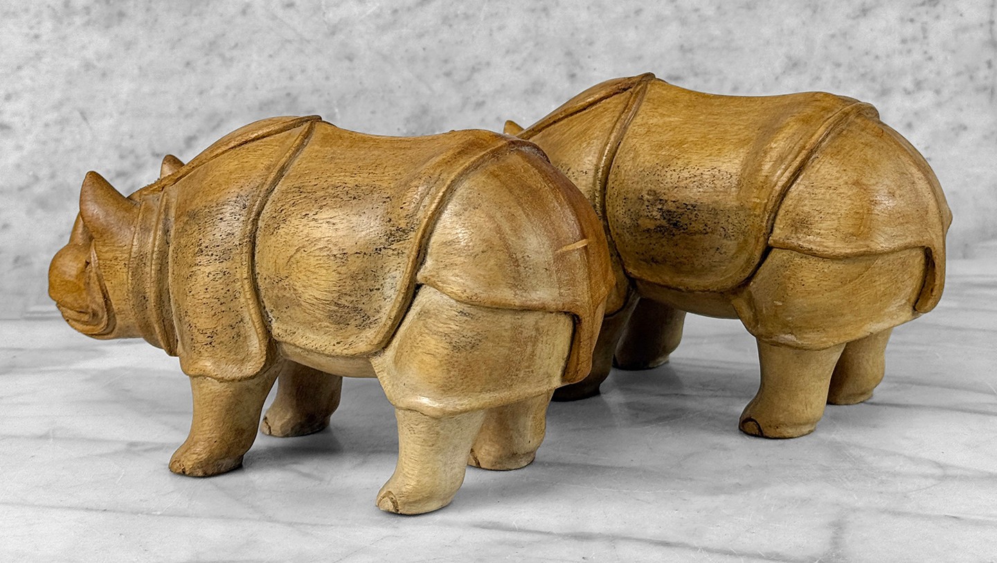 Vintage Teak African Rhino Carved Sculpture - A Pair