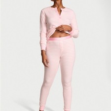 Victoria  s Secret Soft Thermal Henley Pink Striped Pajama Set M NWT