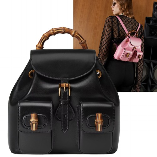 GUCCI BAG 702101 BLACK LEATHER SMALL BACKPACK BAMBOO HANDLE $3,980