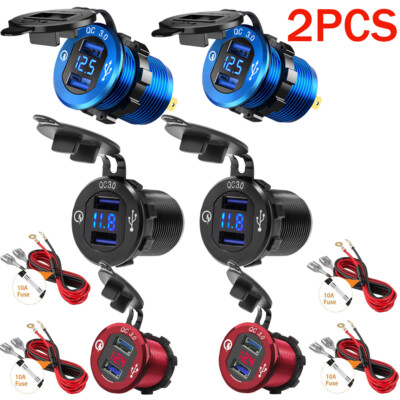 2X Aluminum Dual USB Port Car Cigarette Lighter Socket Plug LED Voltmeter 12-24V