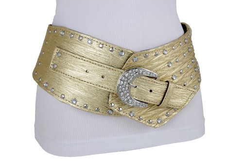 Women Western Fashion Gold Belt Hip Wide Shiny Faux Leather Metallic Fabric S M - Picture 1 of 12