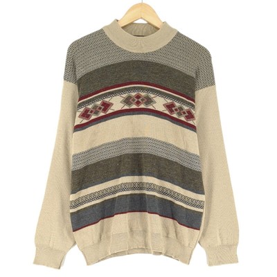Vintage Cosby Abstrakter Pullover Beige Herren 90er Pullover Kx5 Größe M