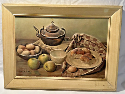 Henk Bos 3D Still Life Print Metal Frame Tea Kettle Bread Fruit Raised 14''X10.25