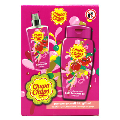 Chupa Chups Geschenkset Strawberry Erdbeere Duschgel + Body Spray + Schwamm