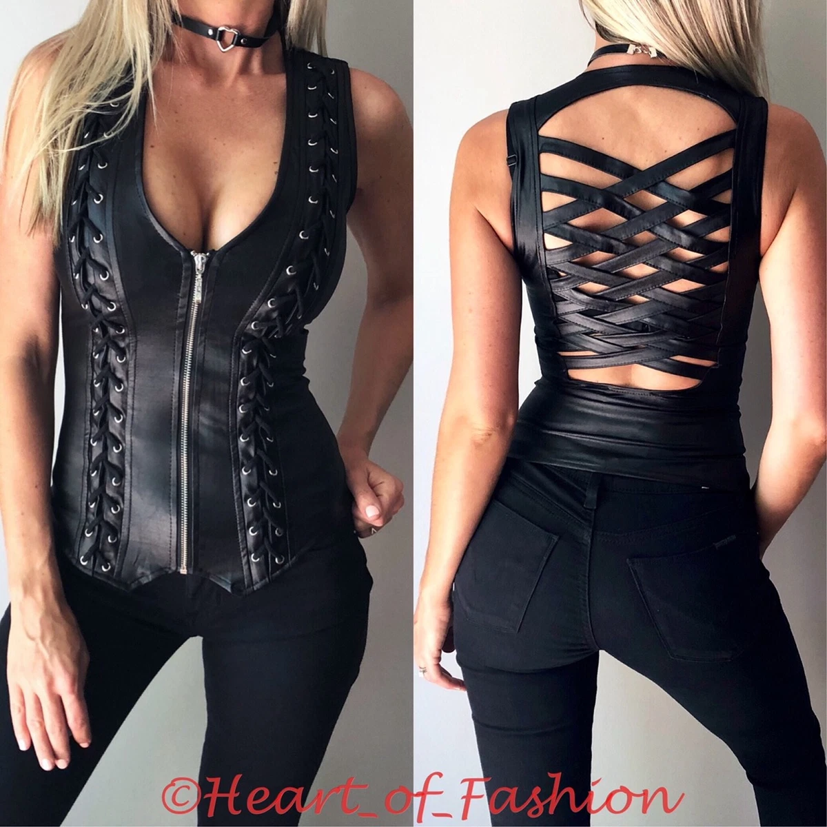 SEXY FAUX LEATHER ZIP UP Front Lace Up Strappy Fitted SLIMMING Vest Club Top