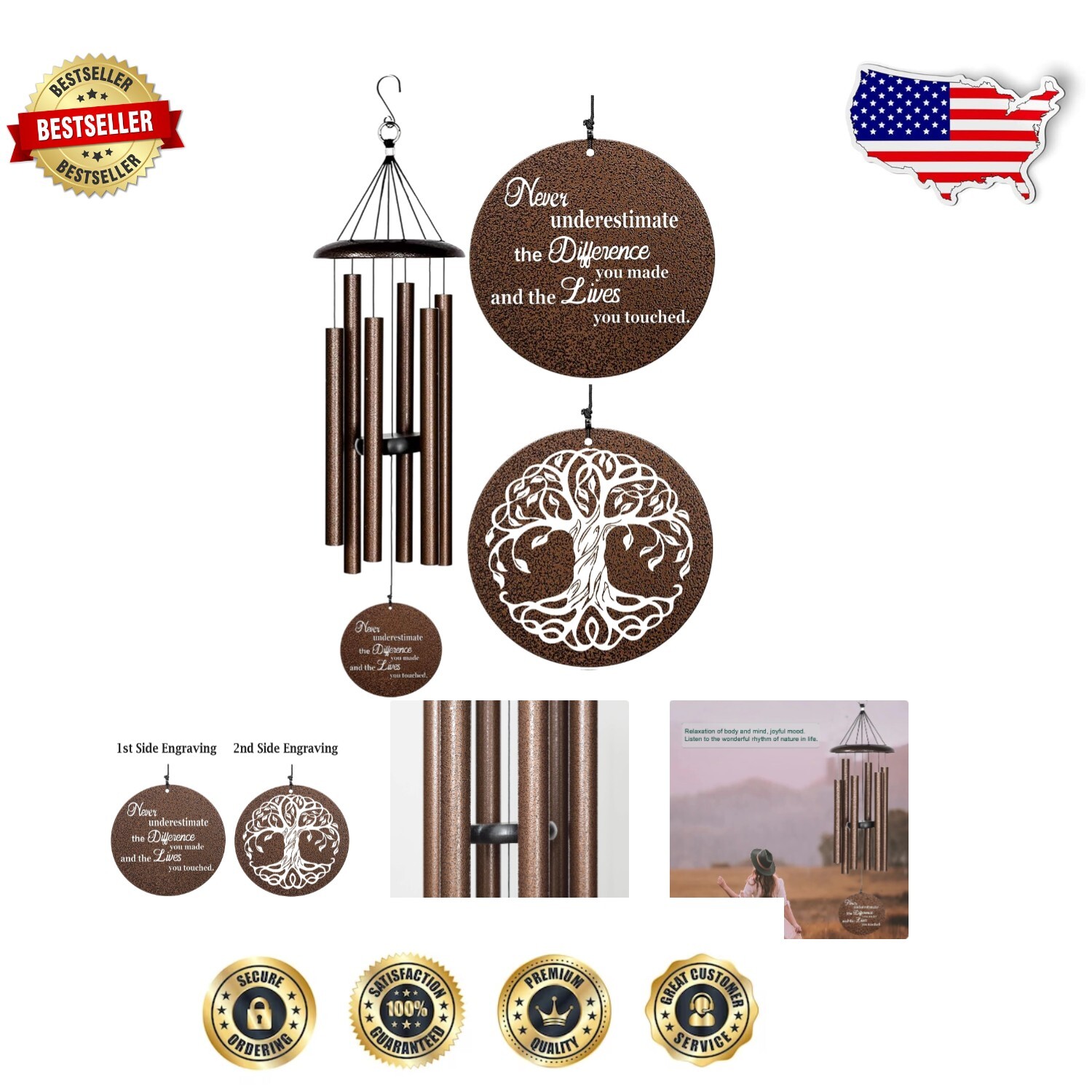 Inspirational Tree of Life Retirement Wind Chime - Personalized Copper Gift