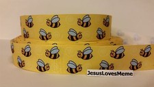 Grosgrain Ribbon, Happy Little Bees on Yellow, Insects Bumble Bees Garden, 1"
