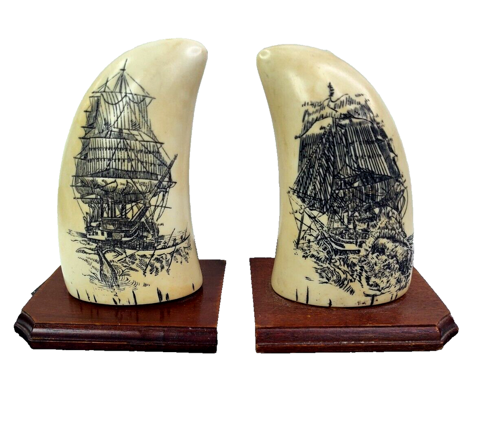 Replica Faux Scrimshaw 2 Whale Tooth Bookends Whaling Hunting Scene