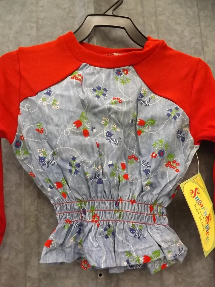 Vtg 1970s NEW NWT Whimsy Cat Floral Cotton Cropped Length Long Sleeve Top Sz 12 - Image 2 of 4