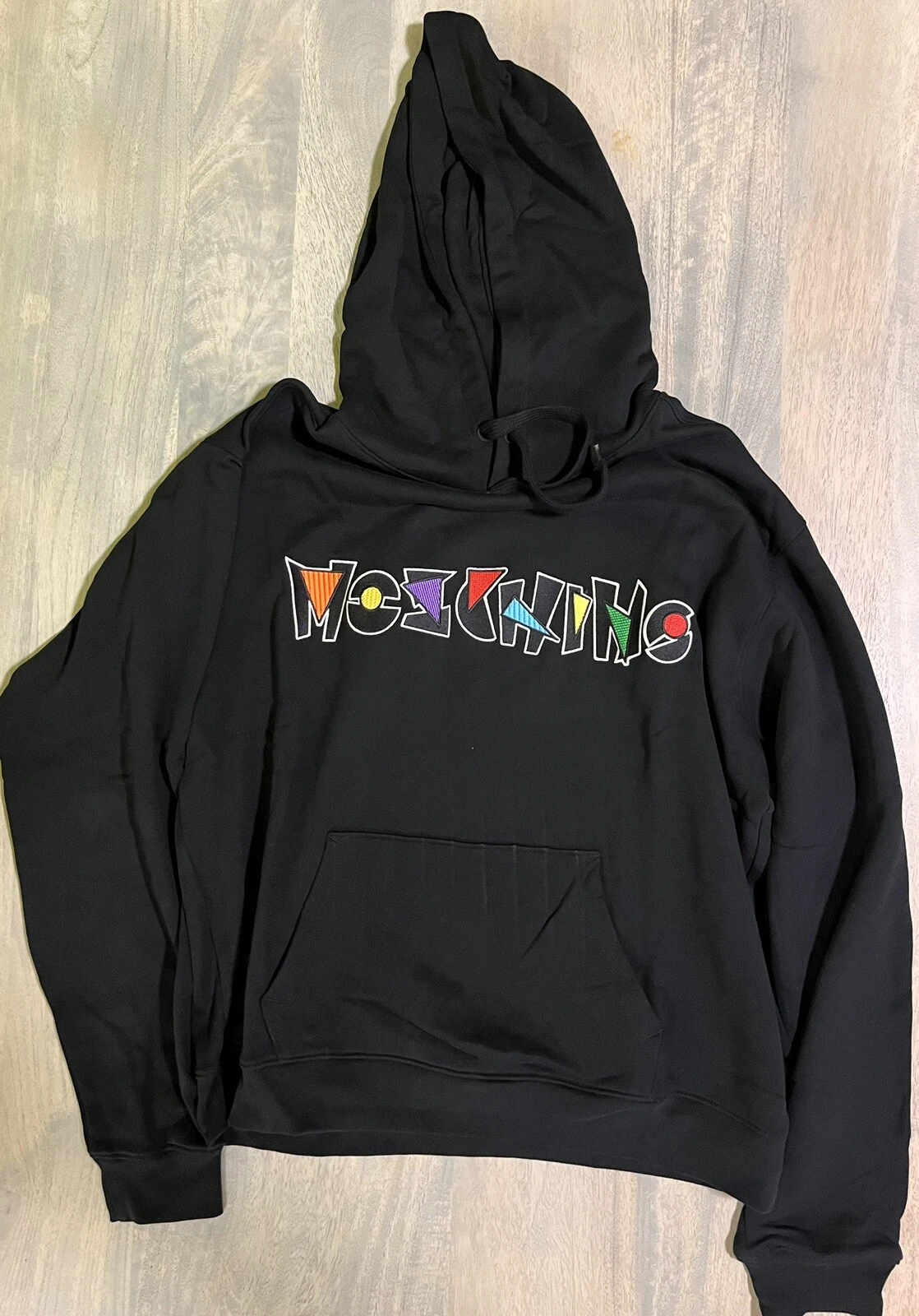 Felpa nera con cappuccio Moschino Jeremy Scott Memphis logo taglia 46 US XL
