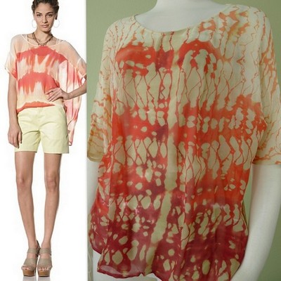 GYPSY 05 Anthropologie Size S Printed Sheer 100% Silk Boxy Tunic Top Red