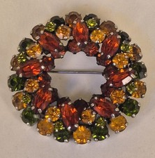 Sherman Wreath Brooch Japanned Back Autumn Fall Colour Swarovski Crystal 
