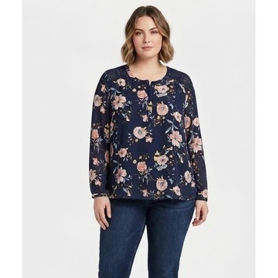 DR2 Floral Crochet Lace Detail Blouse XL Navy Blue Long Sleeve Preppy Office