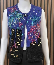 Susan Bristol Women's PS Black Sweater Vest New Year's Eve VintageFireworks City