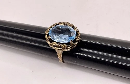 LOVELY vintage STERLING silver gilt bright BLUE stone glass mid century RING, 7