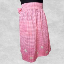 Vintage Pink Gingham Apron Hand Smocked Embroidered Daisies Pocket Mid-Length