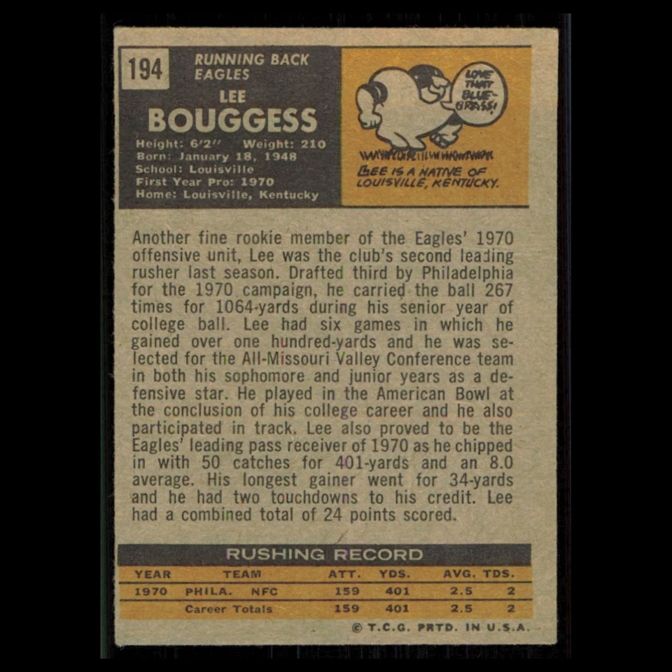 Lee Bouggess Rookie #194 1971 Topps Philadelphia Eagles Football Card NFL EX - Image 2 of 3