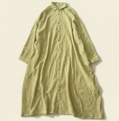 ICHI Antiquites Wool Cotton Shirt Long Dress Collared Check Exc