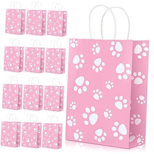 Blulu Gift Bags, 20 Pcs Paw Print Paper Bags with Twist Handles, Pink