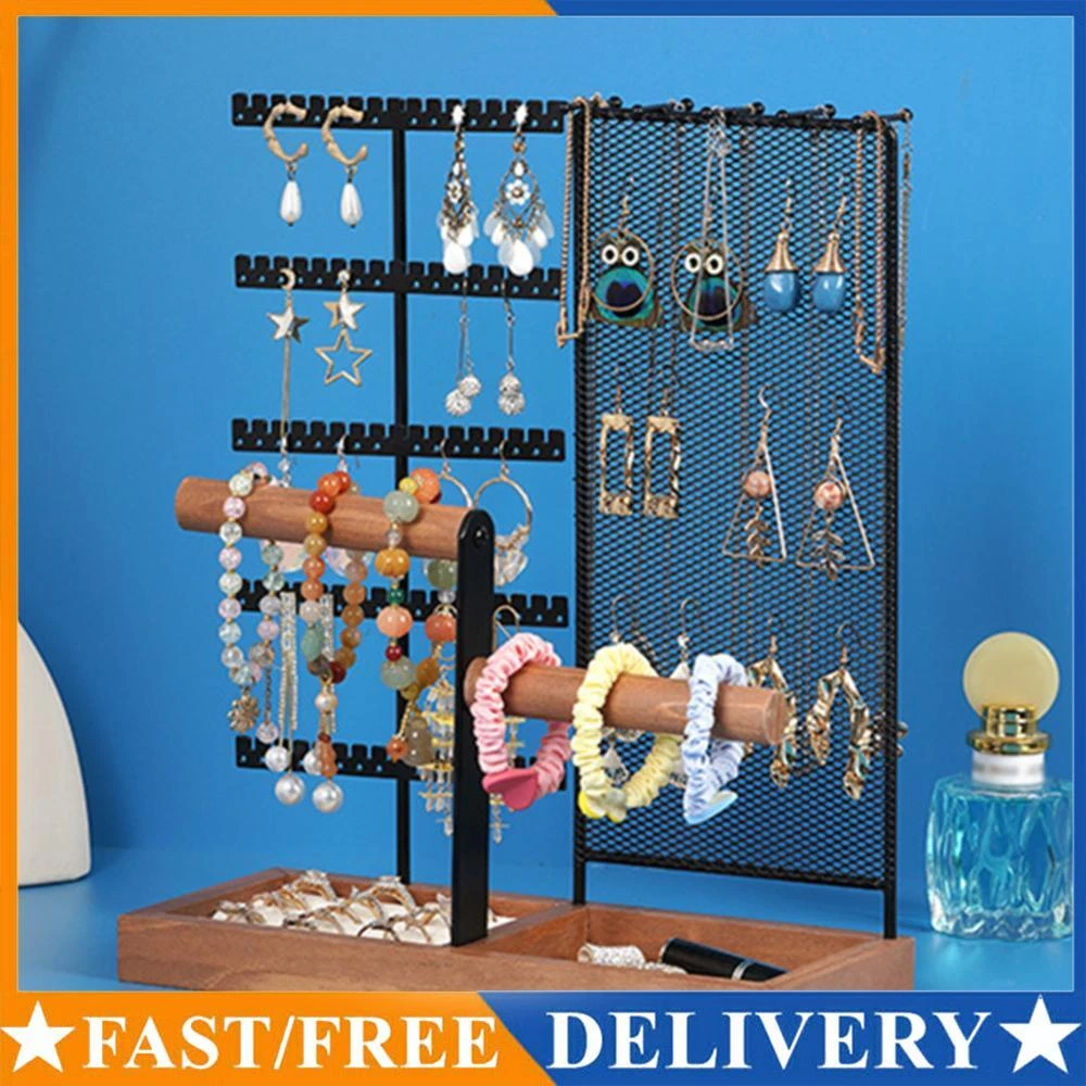 Earring Holder with Wooden Base Jewelry Holder Hanger for Bedroom
