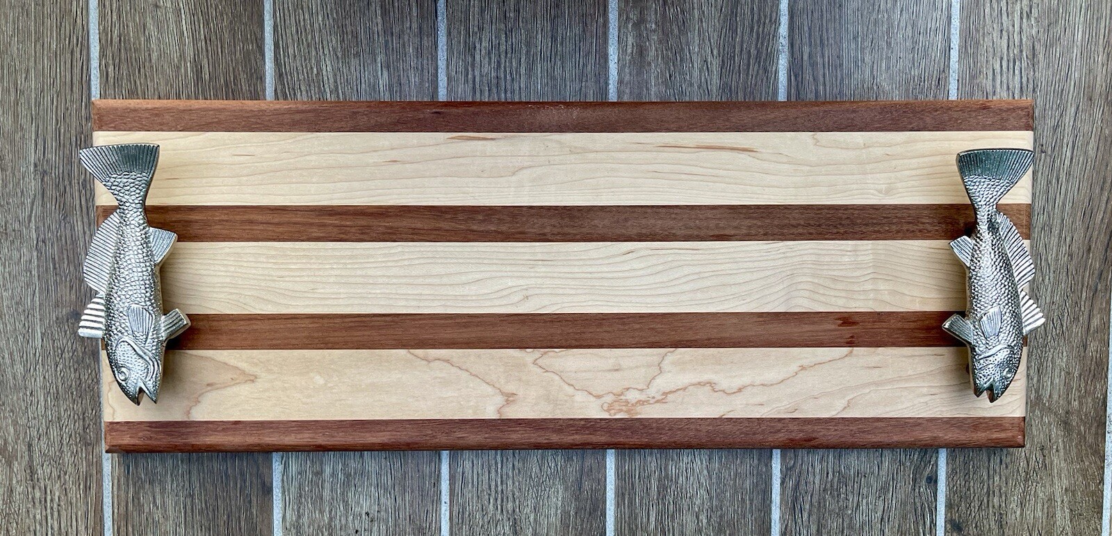 Soundview Millworks Maple/Mahogany  Cutting Board w Silver Fish Shaped Handles