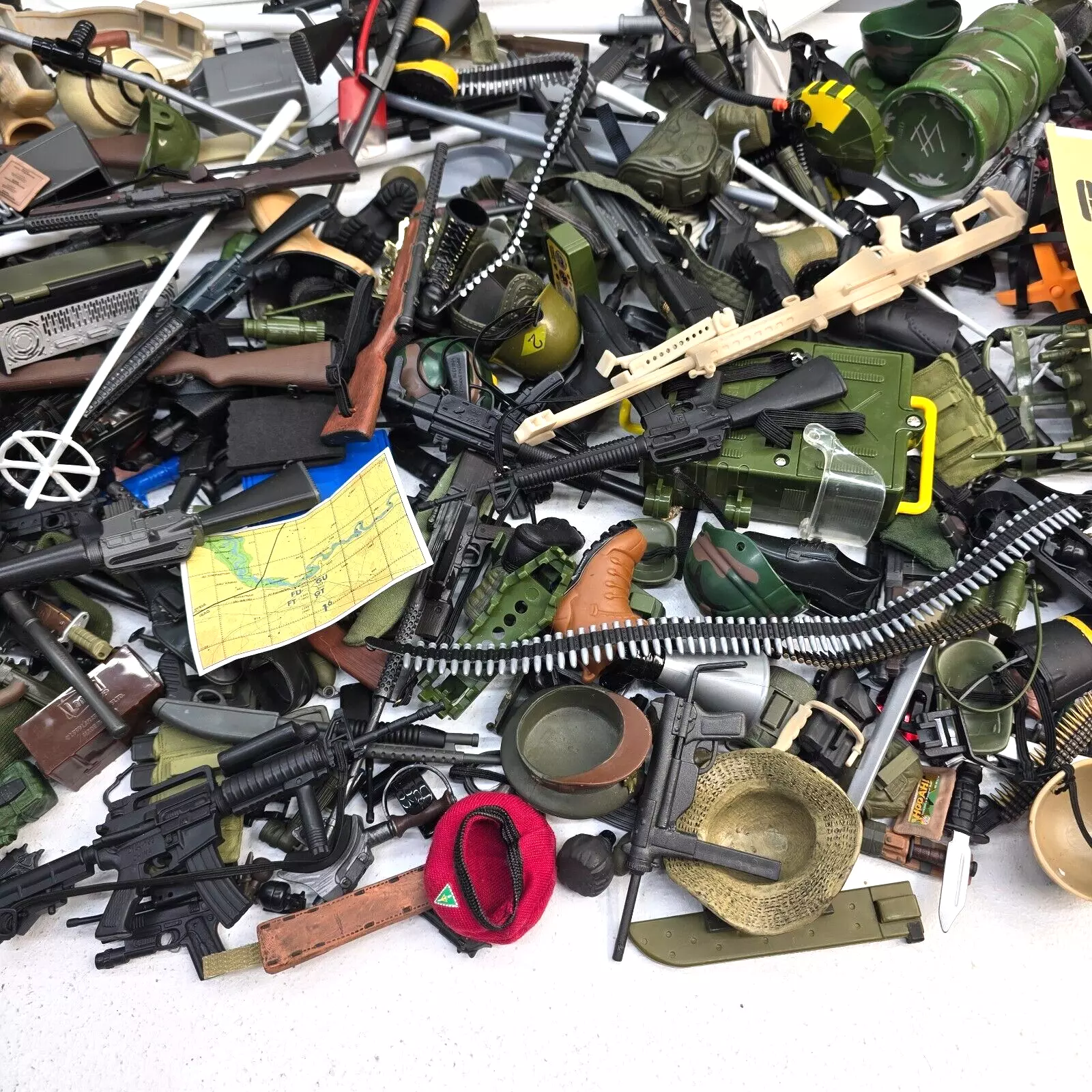  vintage military action figures weapons boat tent clothing chest 