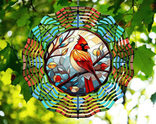 10" Colorful Cardinal Birds Stained Glass Wind Spinner Yard 3D Aluminum rws-195