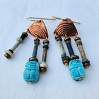 Original Design Printed Copper, Faience & Scarab Earrings 14K/20 Hooks. 2" Long — photo 2