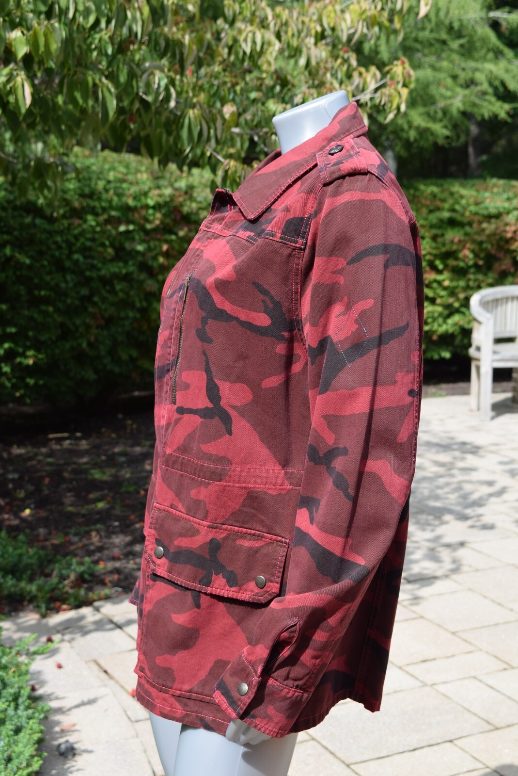 NUOVO! $1790 Giacca parka donna YSL Saint Laurent rosso mimetico taglia XL Paris nero zip