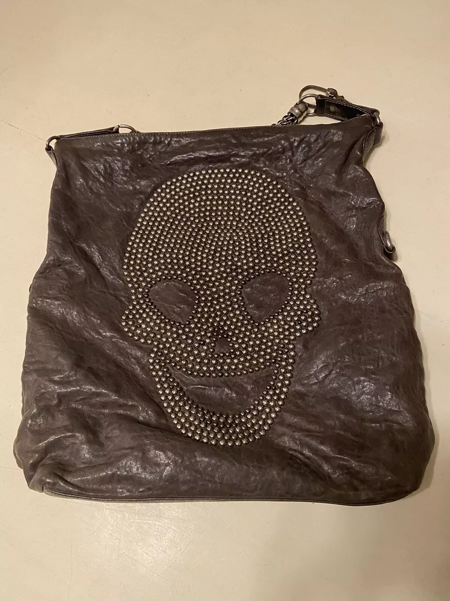 THOMAS WYLDE Studded Skull Shoulder Bag in Brown Leather