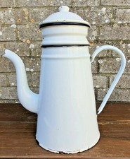 Antica Macchina per Caffè Smaltata Bianco Collare Blu Con Filtro Vintage